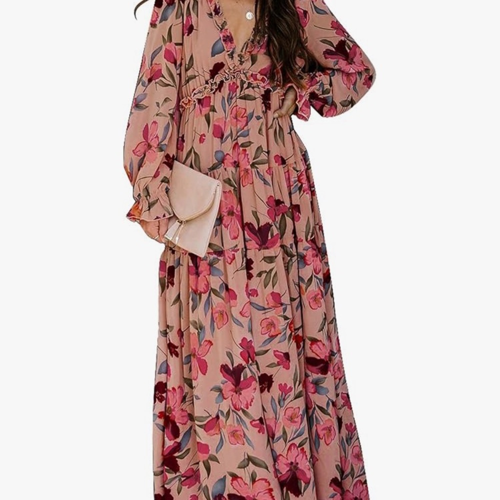BLENCOT Womens Casual Boho Deep V Neck Floral Long Sleeve Maxi Dress
